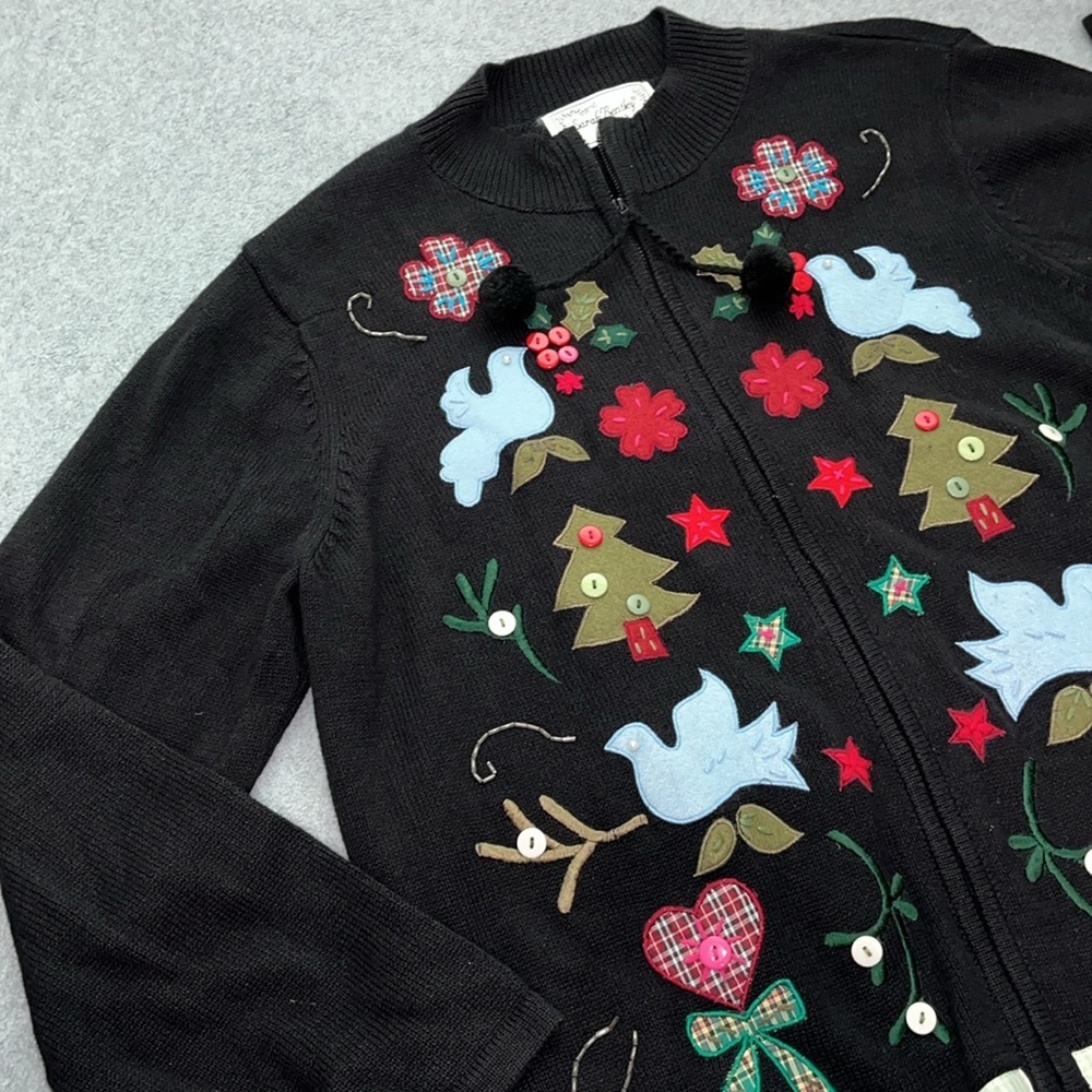 Vintage Sarah Bentley Christmas Cardigan Sweater XL Birds Embroidered Grandma